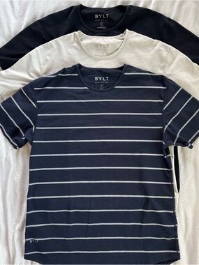 BYLT Basics Drop Cut Lux Lot of 3 T-Shirts Mens Size Large Black Cream Stripe
